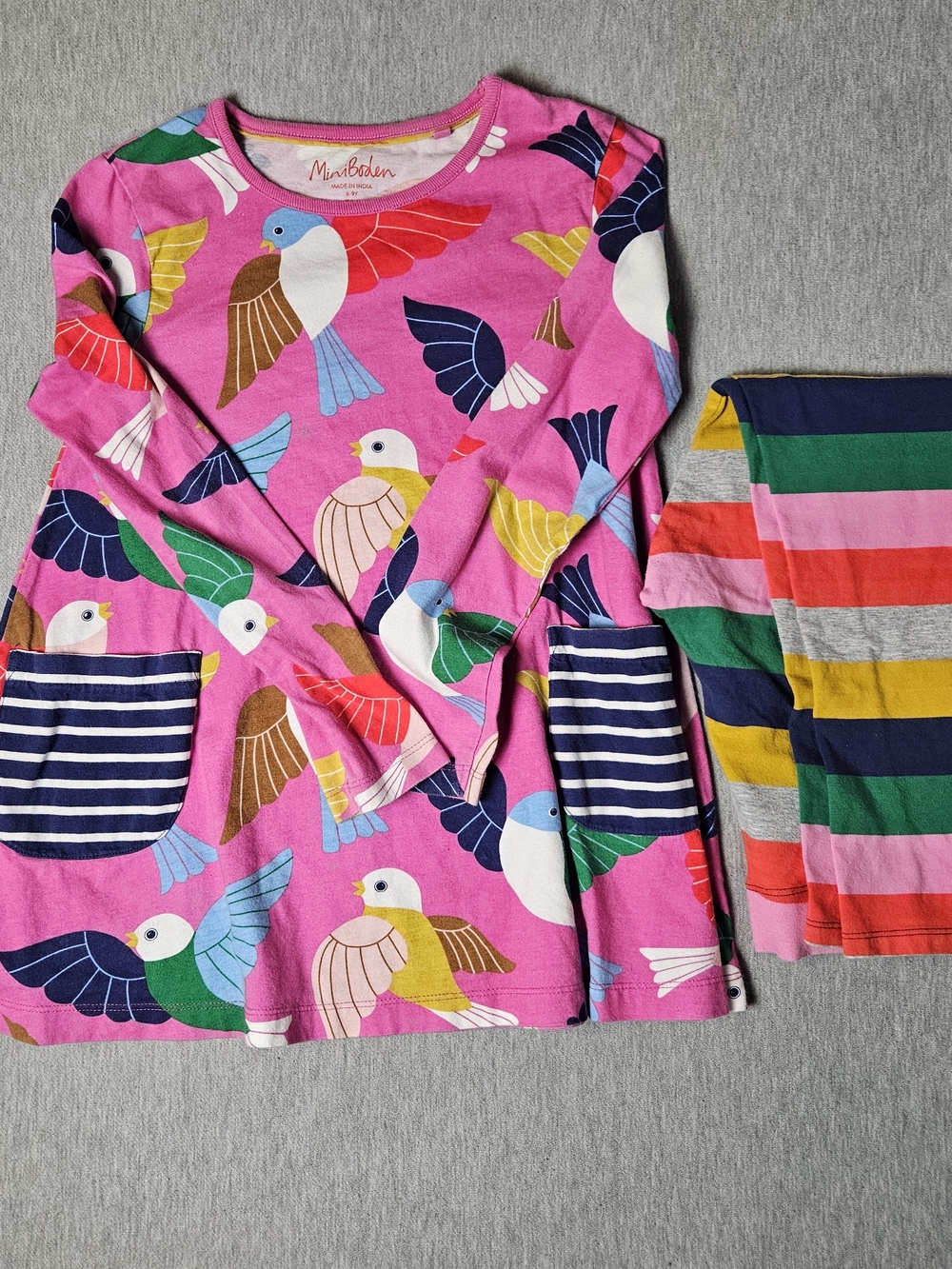 Mini Boden Girls' Pink Bird Print Tunic Play Dress and Stiped Leggings Bundle